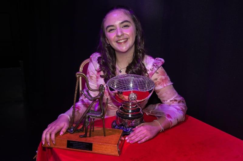 Clare Keely pictured with the trophies she won on the final night of Portadown Music Festival including the Junior Vocal Solo Championship. PT16-224.