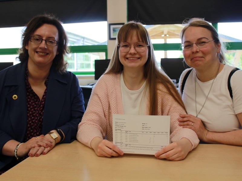 Vaiva celebrates her A’ Level results with her mum, Silvija, and Vice Principal for Teaching &amp; Learning, Mrs Elizabeth Seale, at Integrated College Dungannon. Vaiva, a former pupil of Lisnadill Primary School, will progress to Ulster University to study a BA Hons Degree in Illustration.