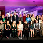 Winners of the 2023 Draynes Farm Sports Personality of the Year Awards, with Chair of Sport Lisburn & Castlereagh, Jimmy Walker; Mayor of Lisburn & Castlereagh City Council Councillor Andrew Gowan; Chair of Communities and Wellbeing Committee, Councillor Thomas Beckett; Special guest and Gymnastics Ireland Coach, Luke Carson and host Claire McCollum. Pic credit: Sport Lisburn & Castlereagh