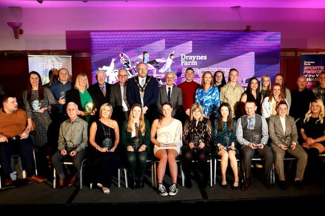 Winners of the 2023 Draynes Farm Sports Personality of the Year Awards, with Chair of Sport Lisburn & Castlereagh, Jimmy Walker; Mayor of Lisburn & Castlereagh City Council Councillor Andrew Gowan; Chair of Communities and Wellbeing Committee, Councillor Thomas Beckett; Special guest and Gymnastics Ireland Coach, Luke Carson and host Claire McCollum. Pic credit: Sport Lisburn & Castlereagh