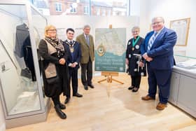 Pictured at the opening of the High Sheriffs exhibition in Lisburn Museum was from left: Angela McCann, Head of Communities, Lisburn & Castlereagh City Council, Mayor, Councillor Kurtis Dickson, Mayor of Lisburn & Castlereagh City Council, Mr David McCorkell Lord-Lieutenant of County Antrim, Mrs Patrica Perry, High Sheriff of County Antrim for 2024 and Councillor Jonathan Craig, Communities and Wellbeing Chair.