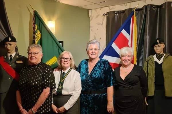 President of the Larne Branch UDR CGC Association, Patricia Bresland who paid tribute to the Greenfinches at the Coronation dinner with 3 former Larne Greenfinches from left, Angela Maybin, Mandi Buchanan and Ann Gove. Picture: Larne UDR Association.