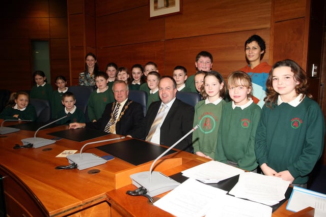 Lisburn Mayor Trevor Lunn and Deputy Mayor Jim Tinsley pictured with children from Brownlee Primary School during a visit to the council chambers in 2007