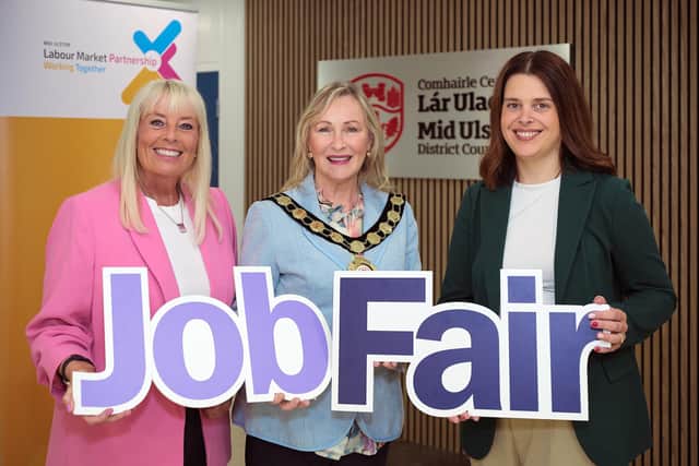 Chair of the Council, Councillor Deirdre Varsani is pictured with Alison Lowry, Employer Services Branch, Department for Communities and Katie Morton, Vice Chair of Mid Ulster Labour Market Partnership (Dunbia).Credit:Supplied