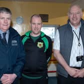 Housing Executive Assistant Area Manager Roy McClean, All Saints boxing coach Brendan Dunne and Housing Executive Good Relations Officer John Read pictured at All Saints Amateur Boxing Club in Ballymena