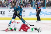 Belfast Giants' Joe Cassetti with Cardiff Devils' Cody Donaghey during Saturday night's pre-season game at the SSE Arena, Belfast.   Photo by William Cherry/Presseye