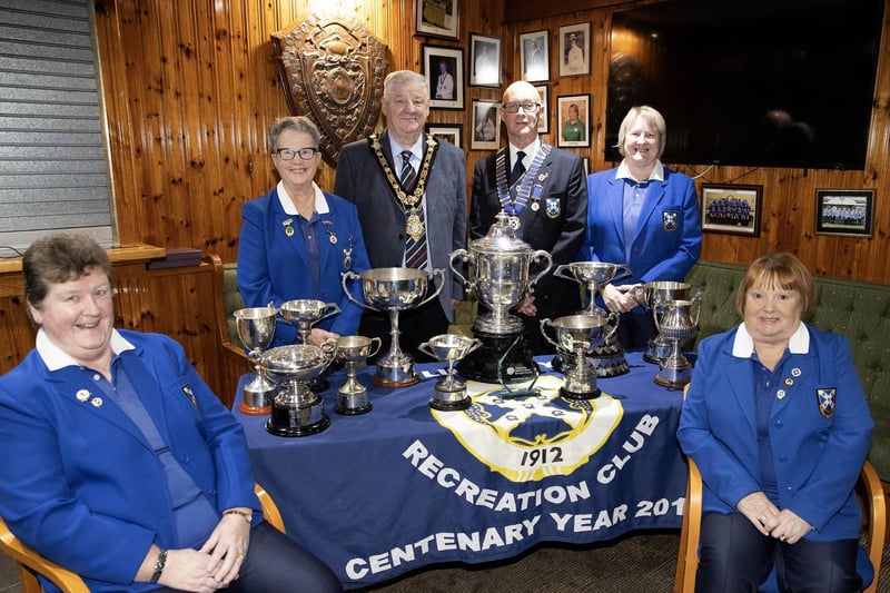 Mayor of Causeway Coast and Glens, Councillor Steven Callaghan alongside the members of Limavady Recreation Club, Valerie Witherow, Norma Marshall, President Wilfie Moore, Noelle Graham and Des Baird.