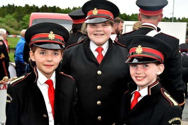 Young members of Mavemacullen Accordion Band who took part in the Mullabrack Accordion Band 40th anniversary parade in May. Included are from left, Ebony Allen, Sophie Black and Lila McKee. Picture: Tony Hendron
