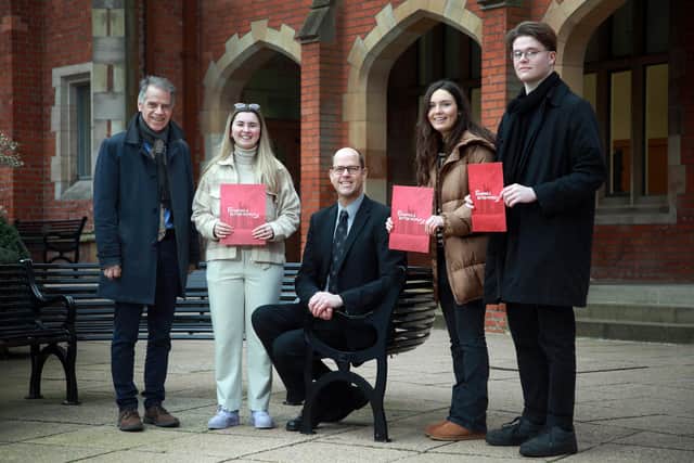 L-R: Choice Group Chief Executive, Michael McDonnell is pictured with QUB student Nicole Beck, Ted Jensen from Queen’s Widening Participation Unit and Katie Stevenson and Patrick Gormley, QUB Students.