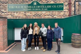 The film crew for Australian travel programme Postcards enjoying a tour of the Old Bushmills Distillery with Aoife Costello, Tourism Ireland (left); presenter Brodie Harper (third left); and Laura Adams, Old Bushmills Distillery (second right).  Pic – Tourism Ireland