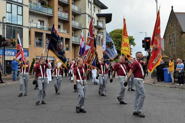 Standard bearers with the Clyde Valley Flute Band during the Twelfth parade in Larne in 2019. Picture: Phillip Byrne.