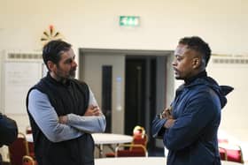 Larne manager Tiernan Lynch with Patrice Evra on October 22. (Pic: Larne FC).