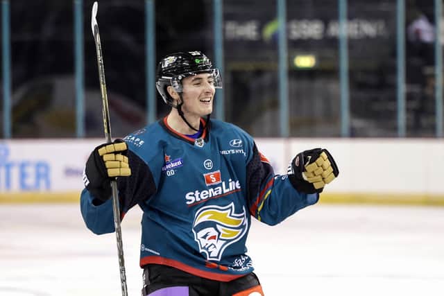 Belfast Giants’ Will Cullen celebrates after Tyler Soy tips his shot into the Coventry Blaze net during Saturday’s Elite Ice Hockey League game at the SSE Arena, Belfast.    Photo by William Cherry/Presseye
