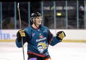 Belfast Giants’ Will Cullen celebrates after Tyler Soy tips his shot into the Coventry Blaze net during Saturday’s Elite Ice Hockey League game at the SSE Arena, Belfast.    Photo by William Cherry/Presseye