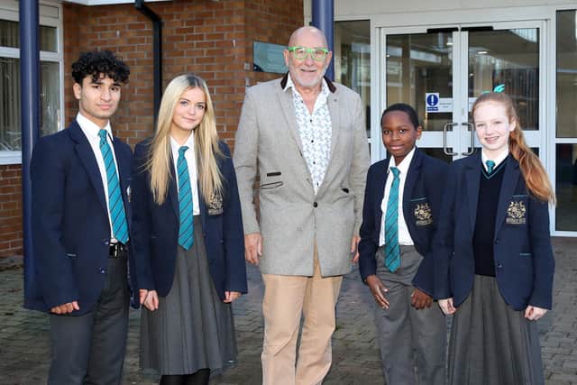 James Hagan with Integrated College Glengormley pupils. (Pic: Declan Roughan).