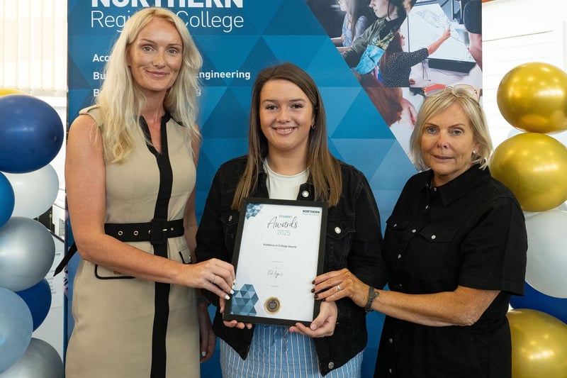 Winner of Kindness in College Award Kiera Lemon with Helen Hampsey, Assistant Curriculum Director Teaching & Learning and Bronagh McNabb at Northern Regional College’s Student Recognition Awards