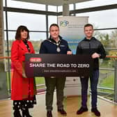 Lynda Hurley, Head of Road Safety Promotion at the Department for Infrastructure, is pictured with Mayor of Antrim and Newtownabbey, Cllr Mark Cooper and Chairperson of Antrim and Newtownabbey PCSP, Cllr Matthew Brady. (Pic: Pacemaker).