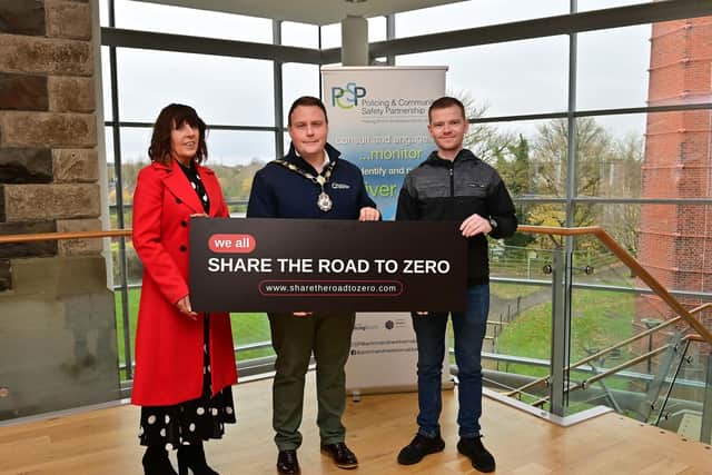 Lynda Hurley, Head of Road Safety Promotion at the Department for Infrastructure, is pictured with Mayor of Antrim and Newtownabbey, Cllr Mark Cooper and Chairperson of Antrim and Newtownabbey PCSP, Cllr Matthew Brady. (Pic: Pacemaker).