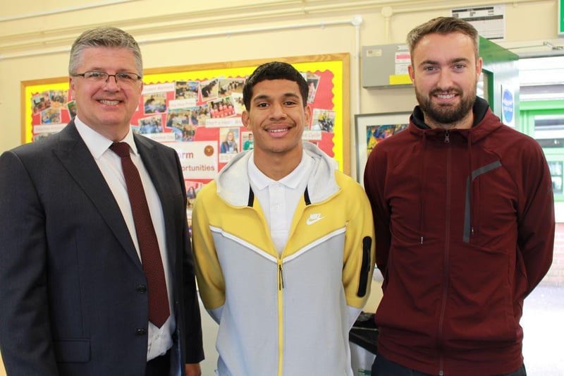 ICD Principal, Mr Andrew Sleeth and NIFL Scholarship Programme Tutor, Mark Patton, congratulate Kenny Ximenes on his success in Sport at ICD. Kenny who recently signed his first professional contract with Dungannon Swifts was a goalscorer for the College in their successful bid to win the NI Danske Bank Schools’ Cup.
