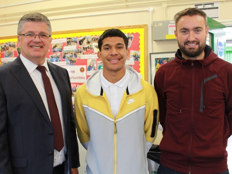 ICD Principal, Mr Andrew Sleeth and NIFL Scholarship Programme Tutor, Mark Patton, congratulate Kenny Ximenes on his success in Sport at ICD. Kenny who recently signed his first professional contract with Dungannon Swifts was a goalscorer for the College in their successful bid to win the NI Danske Bank Schools’ Cup.