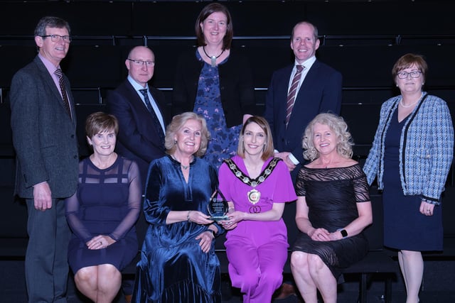 Representatives from St Mary's Grammar School, named as top school in Northern Ireland by the Sunday Times, receive their civic award from Chair of the Council, Councillor Córa Corry with nominating councillors Martin Kearney and Christine McFlynn.
