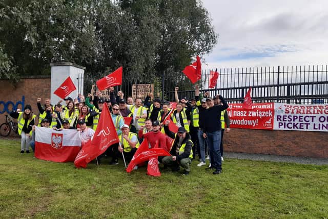 Workers and members of Unite the Union take part in the first of a two day strike at Craigavon firm Vista Therm. Around 50 plus workers are striking over pay and respect issues.