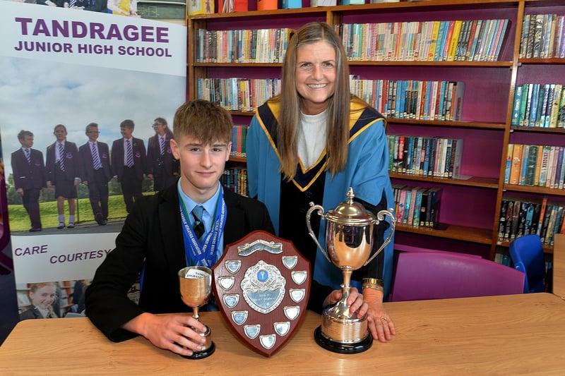 Tandragee Junior High School vice principal, Mrs Laverne Inns pictured at the school prize day with former pupil, Tom Donaldson and his prizes. PT44-209.