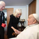 King Charles III and Queen Camilla meet Pope Francis during day three of their State visit to The Republic of Italy on April 09, 2025 in Vatican City. Picture: Vatican via Getty Images.