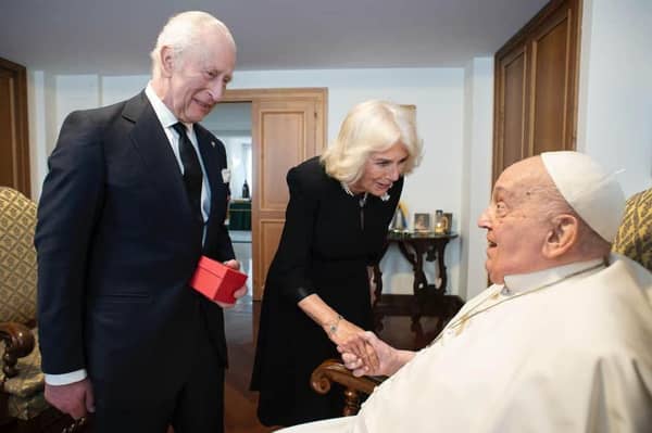 King Charles III and Queen Camilla meet Pope Francis during day three of their State visit to The Republic of Italy on April 09, 2025 in Vatican City. Picture: Vatican via Getty Images.