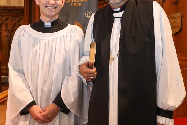 The Rev Gareth Campbell at his ordination as a deacon intern with the Bishop of Connor, the Rt Rev George Davison. Photo by Norman Briggs.