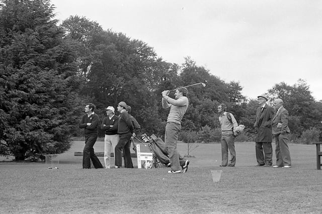 It's drive time for Jim: A  tee-rific effort from Jim McIlwaine from Carrickfergus as he drives off in style at the fourth tee at Malone during the Ulster final of the Barton Shield in September 1982. Included in the three ball are Michael Hoey and his brother Brian (Shandon Park).
