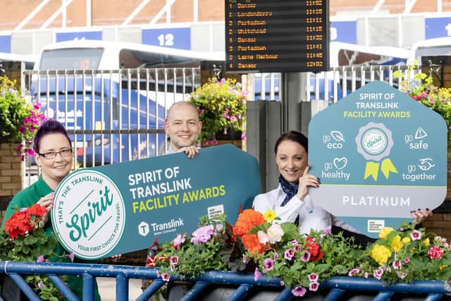 Pictured launching the 2023 awards are l-r Anna Green, Field Officer, KNIB, Chris Allen, Environment, Social and Governance Manager, Translink and Blaithin Irvine, Station Supervisor, Translink. Credit Translink