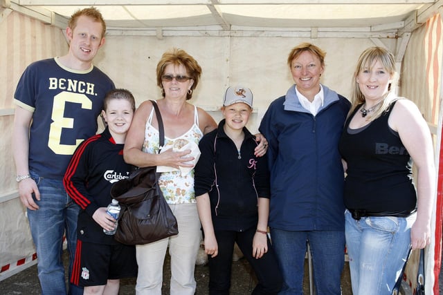 GREAT GARDENS...Helpers Yvonne Mulligan and Victoria Millar pictured with Ann, Andrew, and Luke Crawford, and Eileen Mitchell during the Riding for Disabled Association (RDA) fun day at Benvarden Gardens in 2008
