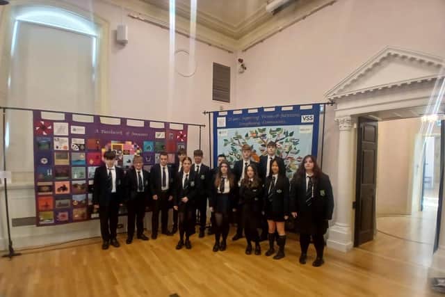 Local students paid a visit to Lisburn Museum to view the memorial quilt. Pic credit: SEFF
