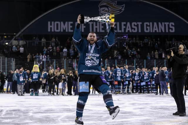 Returning Belfast Giant Lewis Hook celebrates winning the Challenge Cup last season at the SSE Arena, Belfast.  Photo by William Cherry/Presseye