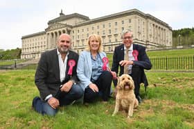 Dr Marc Abraham OBE founder of Lucys Law, with Tara Cunningham and Brian Grzymek, Causeway Coast Dog Rescue, lobbying at Stormont for Lucy’s Law NI which is part of a consultation now launched by DAERA Minister Andrew Muir. CREDIT CCDR