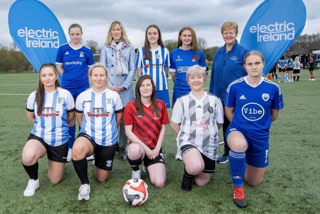 Back L-R: Megan Kidd (22nd Ladies),  Andrene Walker (Electric Ireland), Lily Ferguson (Moneyslane), Mackenzie Finlay (Lisburn Swifts),Valerie Heron (NIWFA Chair) help to launch the NIWFA season, sponsored by Electric Ireland. Front L-R:  Eimear Callaghan & Ellie-Jay McMenamin (Strabane Athletic), Chelsea Smith (Banbridge Town), Shauna Foster (Dromara Village), Anastasia Stanyte (Craigavon City)