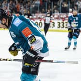 Belfast Giants’ David Goodwin celebrates scoring against the Cardiff Devils during Saturday night’s Elite Ice Hockey League game at the SSE Arena, Belfast.      Photo by William Cherry/Presseye