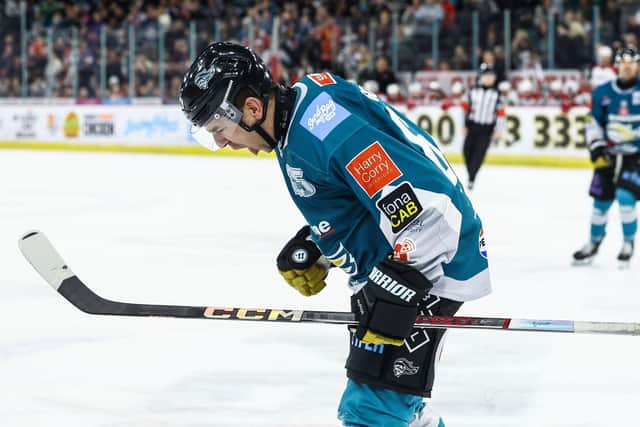 Belfast Giants’ David Goodwin celebrates scoring against the Cardiff Devils during Saturday night’s Elite Ice Hockey League game at the SSE Arena, Belfast. Photo by William Cherry/Presseye