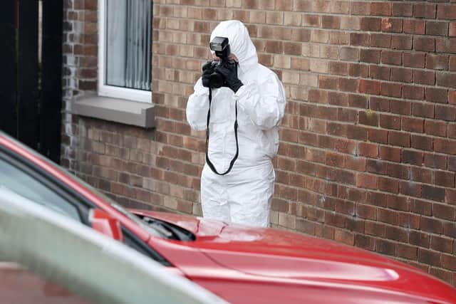 Police at the scene after a petrol bomb attack in Newtownards on Sunday evening.  Press Eye - Belfast