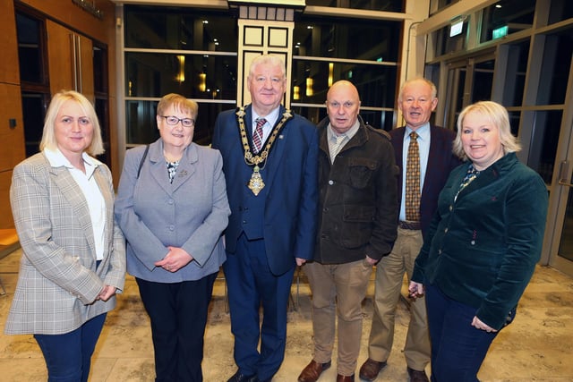 Members of ARK, John Mitchell, George Dallas and Lynda McAuley  pictured with Cllr Steven Callaghan, Mayor of Causeway Coast and Glens Borough, Alderman Michelle Knight-McQuillan and  Cllr Dawn Huggins at a reception for Bann DEA community representatives.
