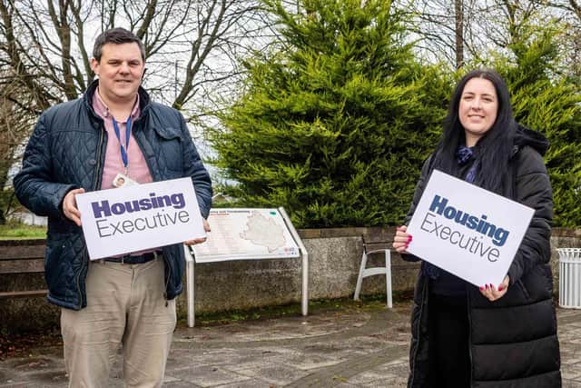 Chris Convery, Housing Executive Patch Manager, Magherafelt and Cathy Wright, Housing Executive Rural & Regeneration Unit pictured in Gulladuff, where the organisation is conducting research into local demand for social and affordable homes. Credit: Submitted