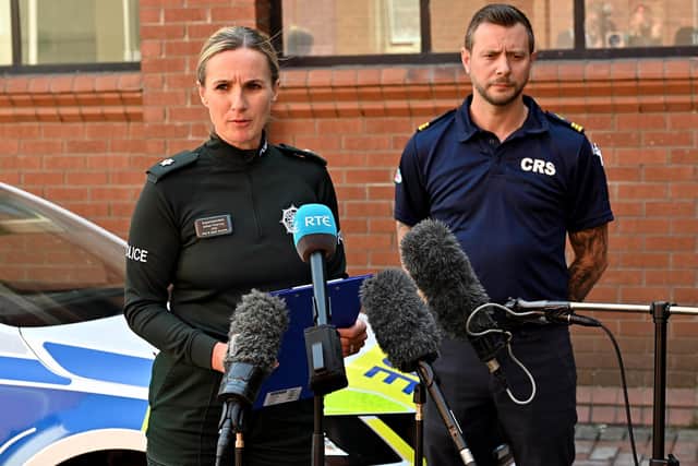 Superintendent Gillian Kearney, District Commander for Mid and East Antrim pictured with Darren Harper, District Commander Community Rescue Service at a press conference at Ballymena PSNI station. Picture: Stephen Hamilton / Press Eye