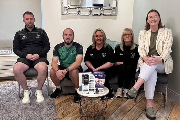 Jack Patterson and Conor Hegarty from Just a Chat, Leeanne Carey and Wendy McCartan from Changing Lives NI and Cllr Joy Ferguson.   Photo: supplied