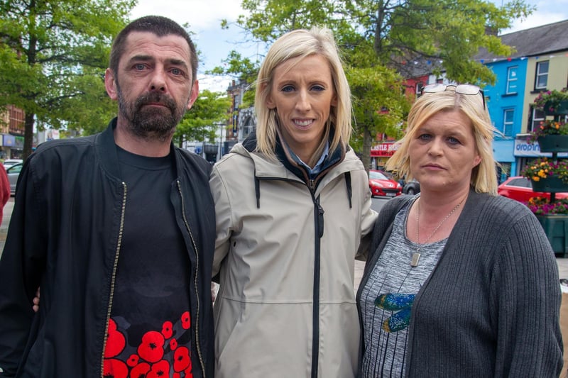 Upper Bann Westminster candidate, Carla Lockhart pictured with husband and wife David and Jacqueline Hanlon who both work at Glen Dimplex and who will feel double the pain if the factory closes. PT26-224.