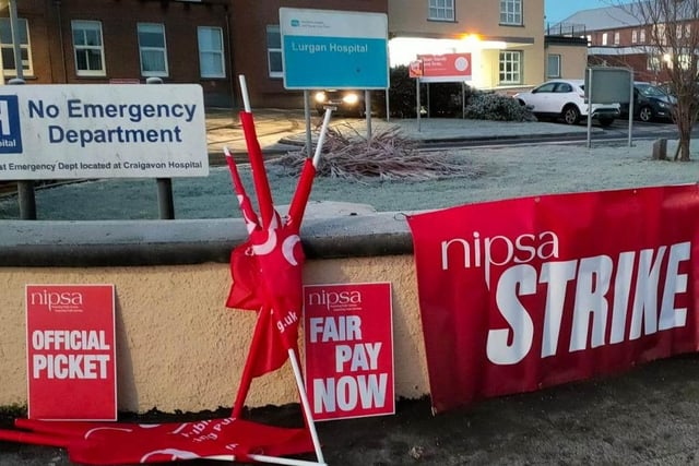 Health workers at Lurgan Hospital, Co Armagh staged a 24 hour strike on Monday.