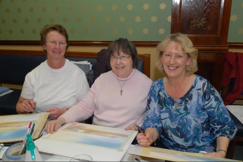 Heather Simpson, Mittle McFadden and Rosemary Murphy in the Londonderry Arms Hotel for the Paul Holmes watercolour painting workshop in 2010.