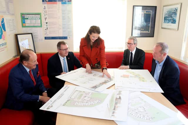 Principal Frances Hughes explains more about the new school plans to integrated education supporter Gerald Steinberg; Sir Jeffrey Donaldson; IEF Campaign Chair David Montgomery and IEF Head of Campaign Paul Caskey OBE. Picture: released by Integrated Education Fund