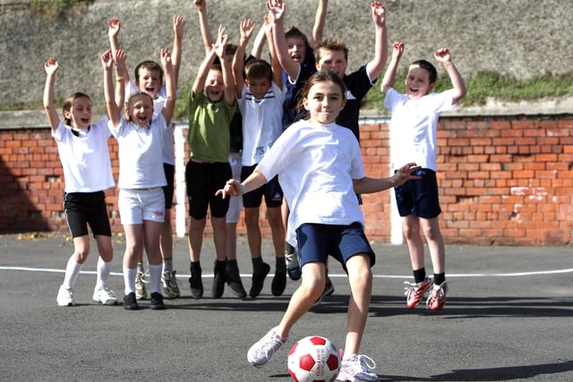 Lydia Heath taking a penalty a Brownlee Primary School in 2007
