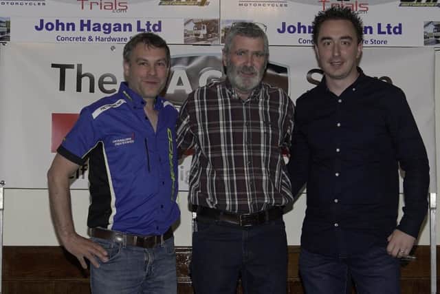 Clive Braithwaite of Inchaquire Industries, Kildare Sponsor of the Semi-Expert Class. Craig Allen  Trials Committee. Johnny Annett of OHM motorsport, Bangor Sponsors of the Elite+ Class. At the  unveiling of the new AGA Ulster Championship Podium for the coming season. Photo by Earl Boyd.